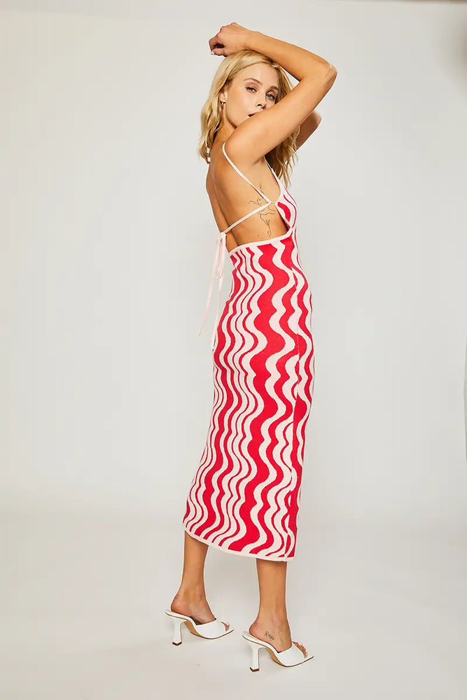 red and pink wave design mdi dress with lace up low back design 